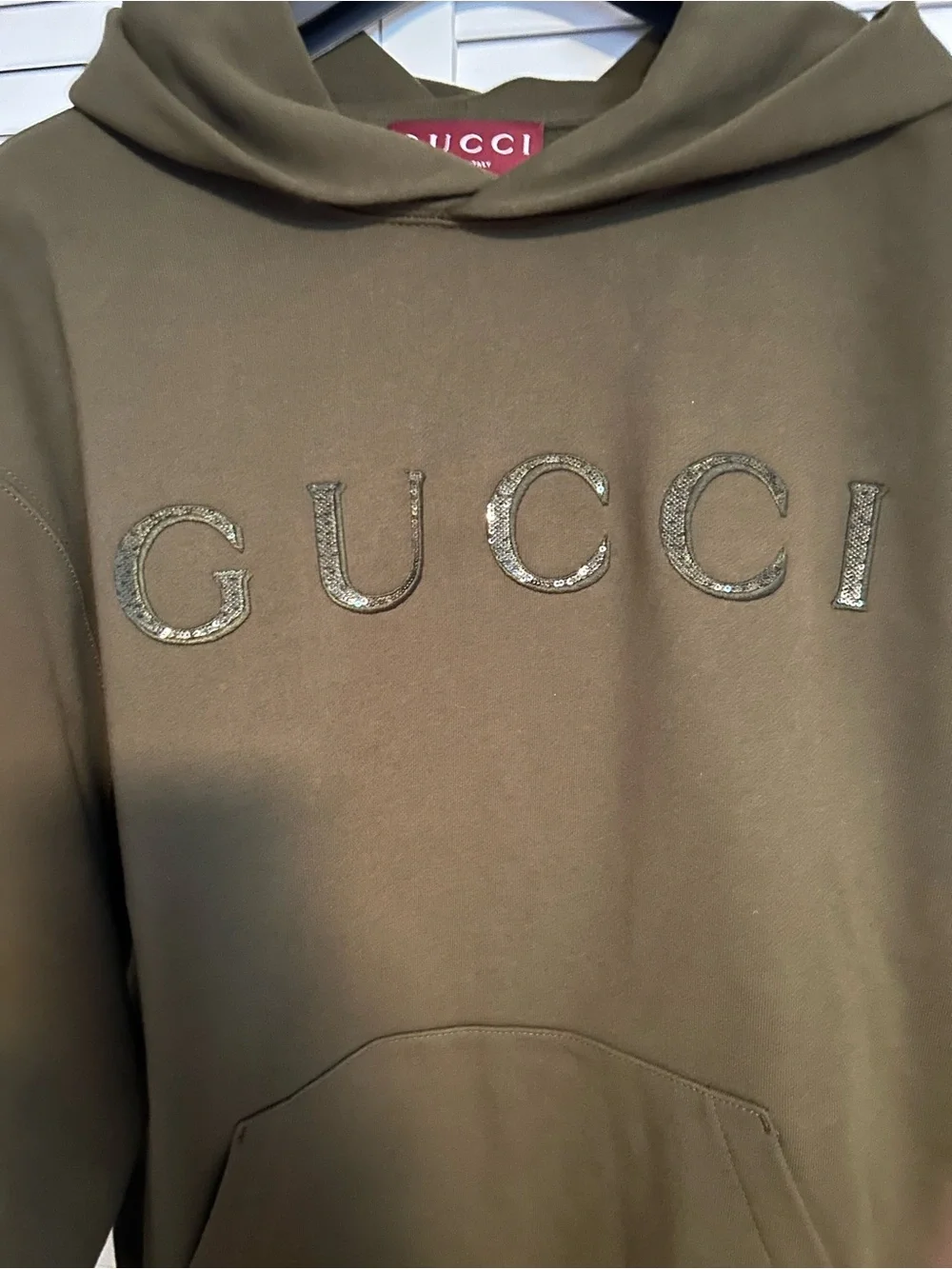 Gucci Men's Olive Green Logo Hoodie with Embellished Lettering